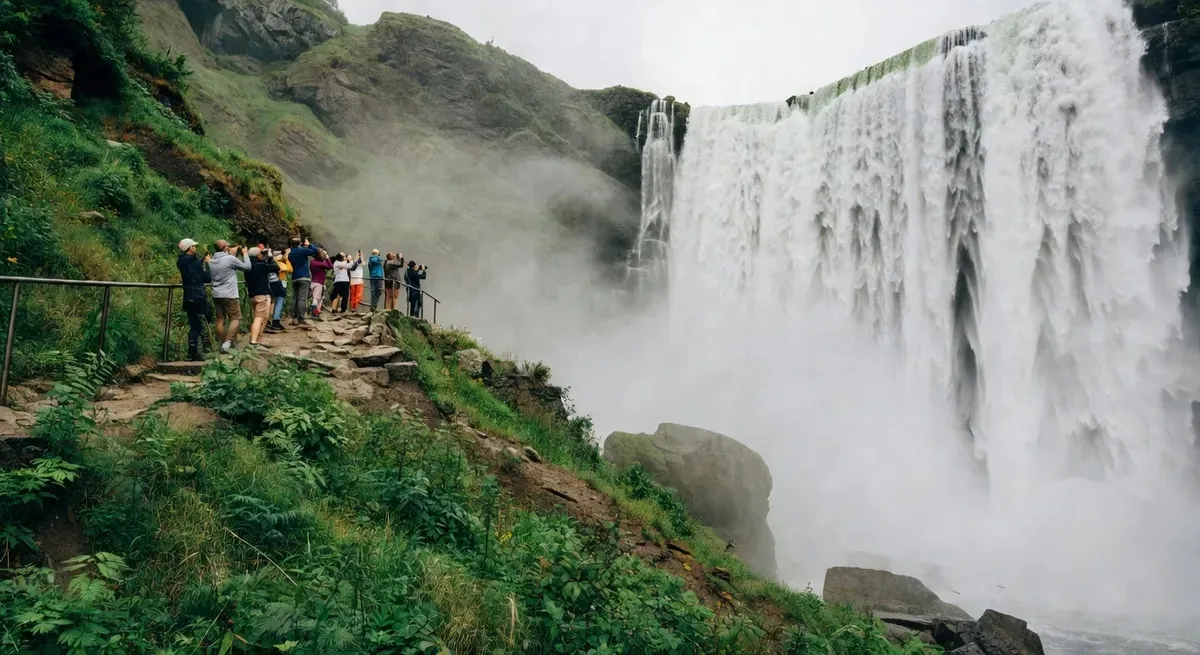 Tourists viewing the full sweep of Niagara Falls from the Canadian side panoramic viewpoint on a both-sides Niagara Falls one-day tour