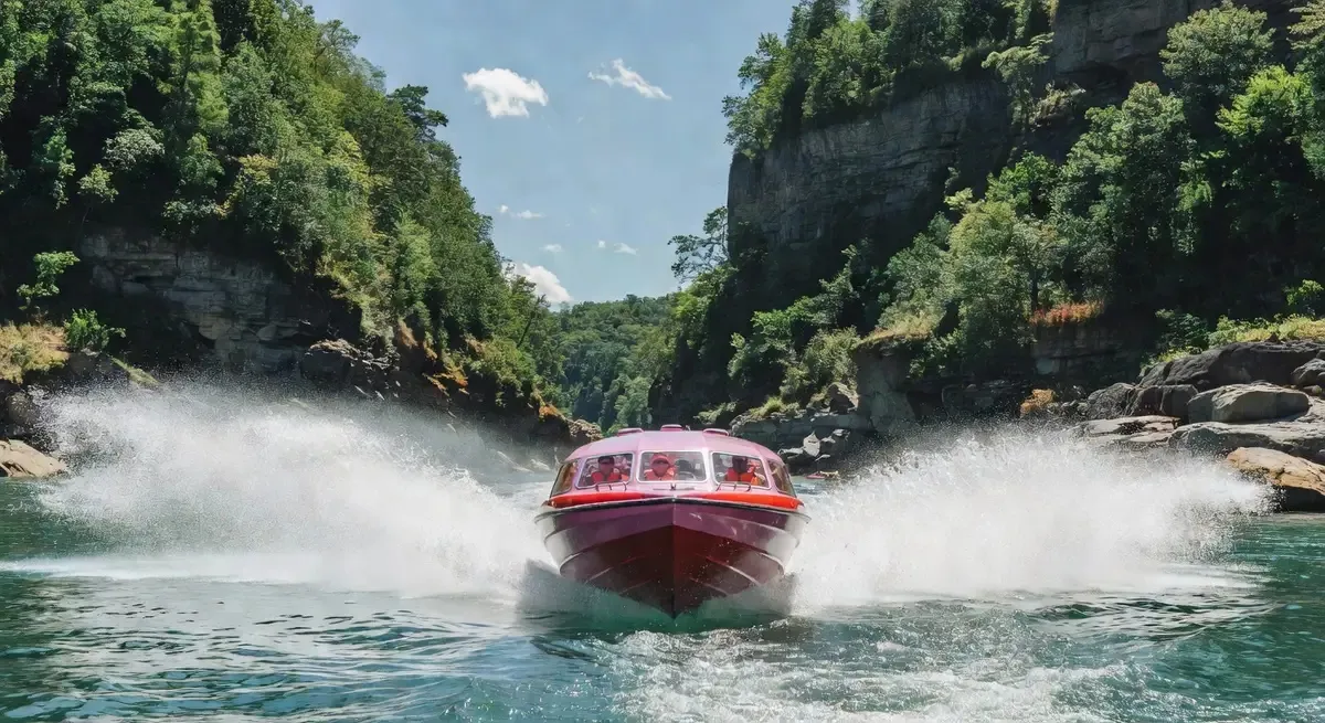 Red and pink Dry Freedom Jet domed boat racing through the turquoise Niagara Gorge on a Niagara Falls jet boat tour — white water spray visible around the hull
