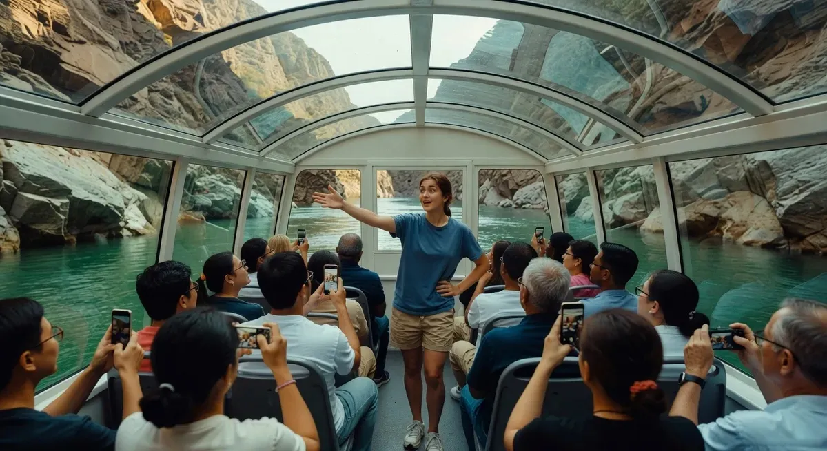 Inside the Niagara Falls Dry Freedom Jet dome — guide speaking to passengers under the clear dome panels with the Niagara Gorge visible through the glass on a dry jet boat tour