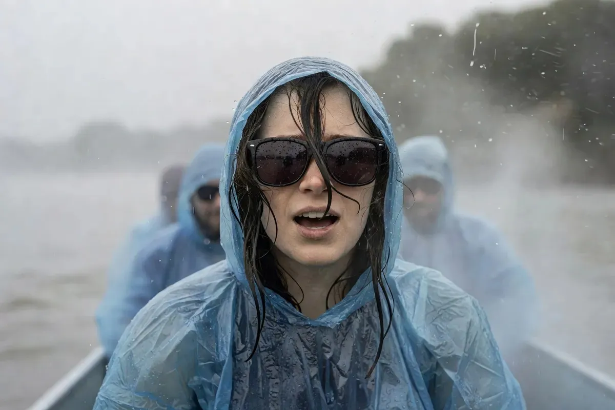 Visitor completely soaked in a blue poncho near Niagara Falls — exactly what to expect on the Maid of the Mist and Cave of the Winds on the American side tour