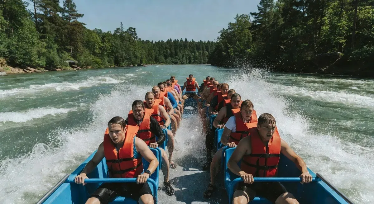 Open-top wet jet boat packed with riders in orange life jackets racing through Class 5 Niagara River rapids on a Niagara Falls jet boat tour from Lewiston NY